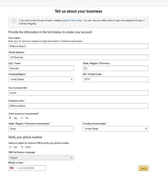 Amazon Brand Registry Step 3 Company Info