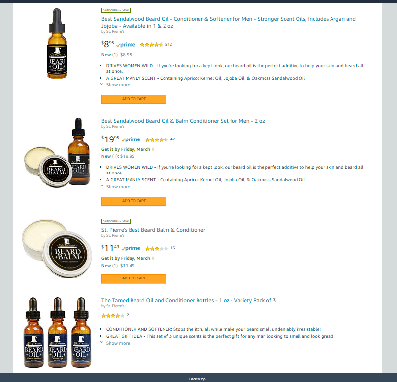 Amazon Product List Page for Sponsored Brand Ads - Beard Oil