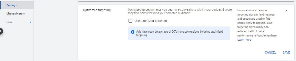 enabling/disabling optimized audience targeting